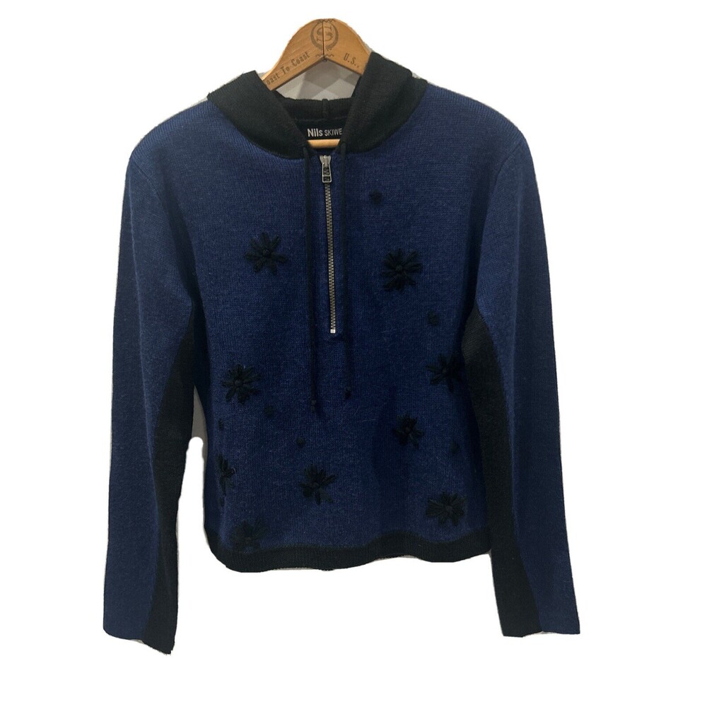 Nils Skiwear Sweater Womens Medium Wool Embroidered Hooded Shoulder Pads Blue